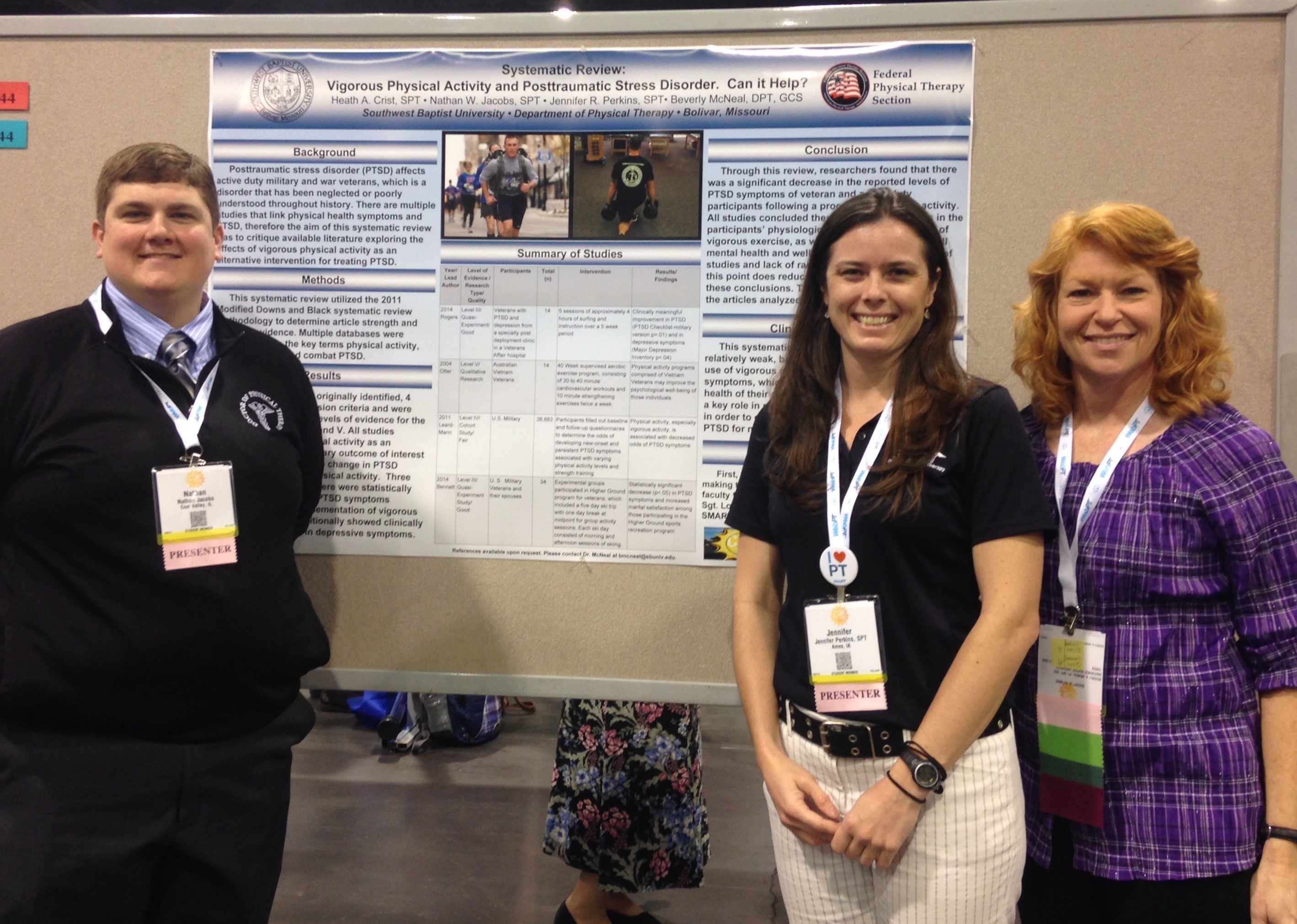 Southwest Baptist University students Nathan Jacobs and Jennifer Perkins and Dr. Bev McNeal, associate professor of physical therapy, present their research at the Combined Sections Meeting of the American Physical Therapy Association held last month in Anaheim, Calif. 