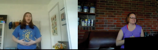 SBU graduate Darby Daughtery performs a song for Dr. Sarah Howes via a Zoom call