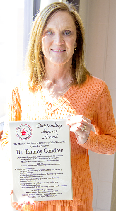 Dr. Tammy Condren, assistant professor of graduate education and doctorate of education in educational leadership coordinator at SBU, received the Outstanding Service Award from the Missouri Association of Elementary School Principals. 