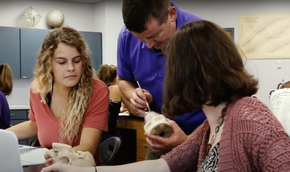female students look on as biology professor points to model to explain experiment